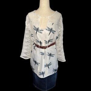 MISSLOOK White Cottagecore Lace Dragonfly Blouse Sz‎ XL